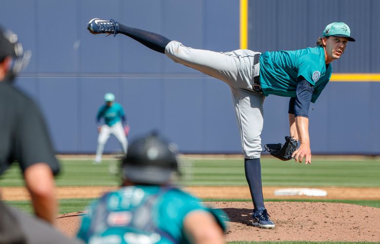 Logan Gilbert got the start for Seattle Monday against Milwaukee.  The Seattle Mariners played the Milwaukee Brewers in Spring Training baseball Monday, Feb. 24, 2025 at American Family Fields, in Phoenix, AZ. 229402 (Dean Rutz / The Seattle Times)