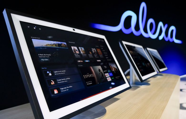 Tablets showcase Alexa+ software features during an unveiling event in New York, US, on Wednesday, Feb. 26, 2025. Amazon has rebooted Alexa with artificial intelligence, marking the biggest overhaul of the voice-activated assistant since its introduction over a decade ago. Photographer: Michael Nagle/Bloomberg