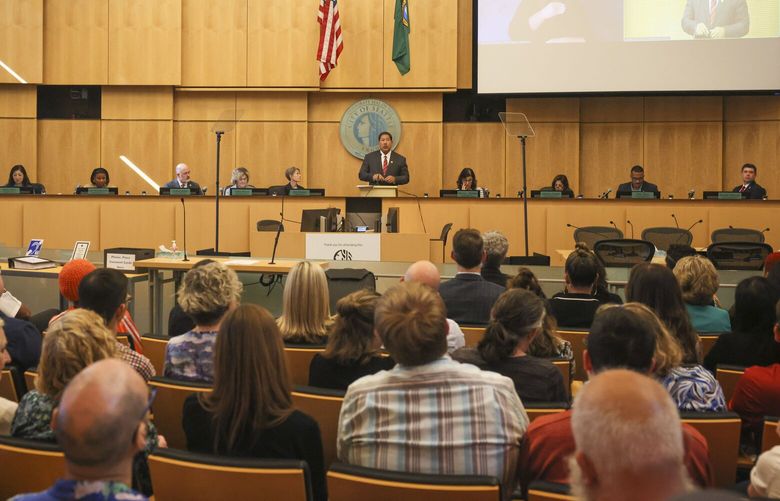 Seattle Mayor Bruce Harrell speaks while announcing his 2025 budget plan in the City Council chambers at Seattle City Hall downtown on Tuesday, September 24, 2024.
228097