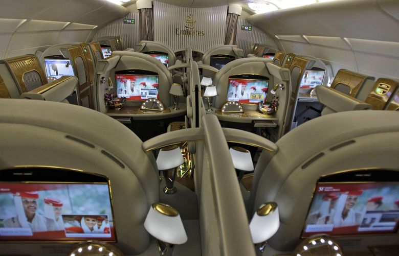 FILE – This Feb. 10, 2013 file photo shows the first class section of an Emirates airlines Airbus A380 at the Dubai airport in Dubai, United Arab Emirates. European plane maker Airbus said Thursday, Feb. 14, 2019, that it will stop making its superjumbo A380 in 2021 for lack of customers, abandoning the world’s biggest passenger jet and one of the aviation industry’s most ambitious and most troubled endeavors. (AP Photo/Kamran Jebreili, File)