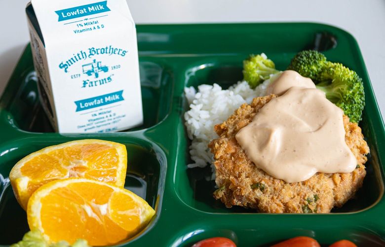 Local salmon are made into a salmon burger at Bellevue schools.
