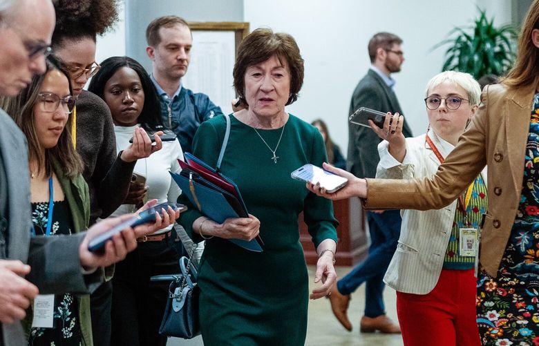 Sen. Susan Collins (R-Maine) on Capitol Hill in Washington on Wednesday, March 12, 2025. Collins initiated a letter accusing the Trump administration of violating the spending law approved by Congress earlier this month. (Eric Lee/The New York Times) XNYT0065 XNYT0065