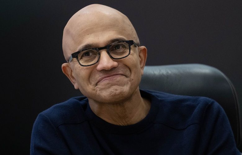 FILE – Satya Nadella, Microsoft’s chief executive, at the company’s campus in Redmond, Wash., Feb. 7, 2023. In a shift signifying the importance of new artificial intelligence technology to Wall Street investors, Microsoft surpassed Apple on Friday, Jan. 12, 2024, to become the most valuable public company, with a market value of $2.89 trillion, versus Apple’s $2.87 trillion. (Ruth Fremson/The New York Times)