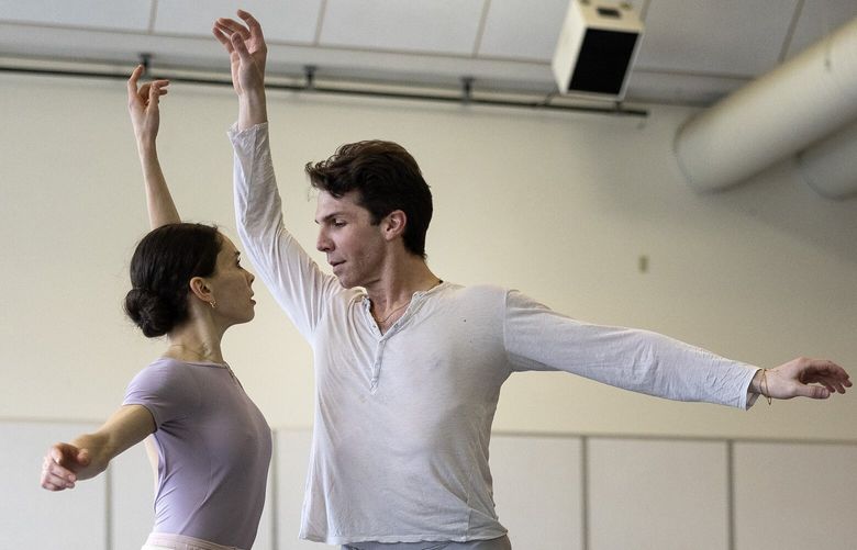 Lucien Postlewaite, principal dancer at Pacific Northwest Ballet, rehearses “Romeo et Juliette” with soloist Clara Ruf Maldonado on Thursday, March 27, 2025, in Seattle.