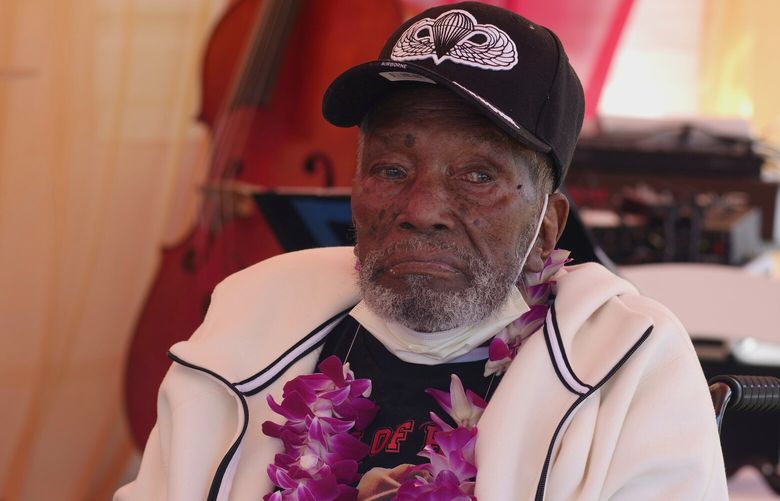 This June 2024 photo provided by Tracie Hunter shows Sgt. Joe Harris at his 108th Birthday party in Compton, Calif. (Tracie Hunter via AP) NY122 NY122