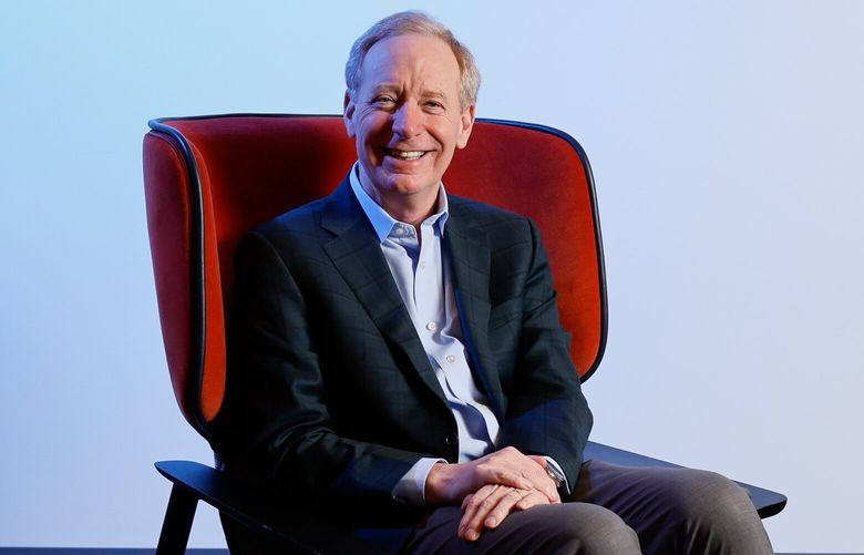 Brad Smith, president of Microsoft, poses for a portrait on the Microsoft campus Monday, March 17, 2025 in Redmonds, WA. 229574