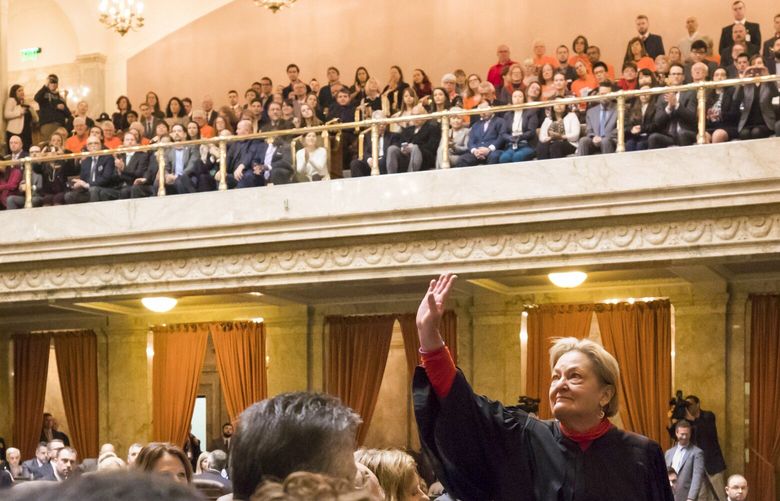 FILE – LEGISLATURE

Washington State Supreme Court Justice Susan Owens is recognized before the the State of the State address in the House chamber at the Washington State Capitol in Olympia Tuesday January 15, 2019. 208952 208952