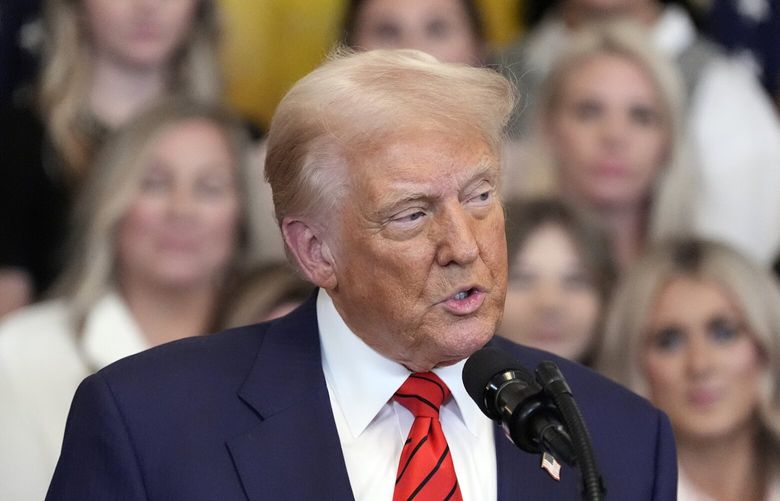 President Donald Trump speaks before signing an executive order barring transgender female athletes from competing in women’s or girls’ sporting events, in the East Room of the White House, Wednesday, Feb. 5, 2025, in Washington. (AP Photo/Alex Brandon)