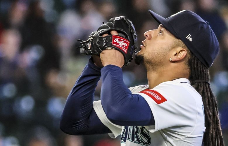 Seattle Mariners pitcher Luis Castillo celebrates stalling two men on base in the fourth inning early Wednesday afternoon at T-Mobile Park in Seattle, Washington, on April 2, 2025. The Mariners lead 3-0 after four innings. 229562