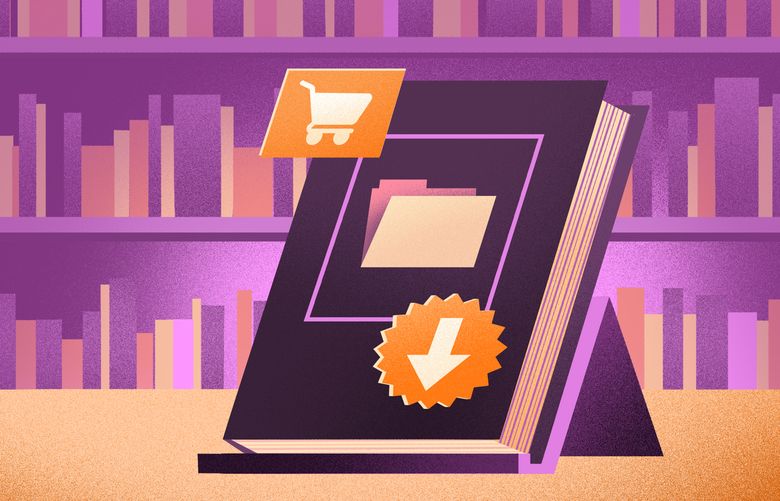 An illustration of a book for sale with digital purchasing stickers on display at a bookstore