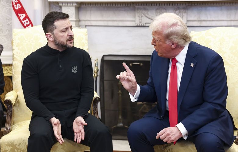 Ukrainian President Volodymyr Zelensky, left, talks with President Donald Trump, right, in the Oval Office of the White House in Washington, D.C., Feb. 28, 2025. They failed to reach a deal after a fiery exchange. (Jim Loscalzo/Pool Via CNP via ZUMA Press Wire/TNS) 136092462W 136092462W