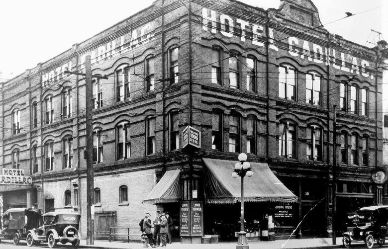 THEN: The Cadillac Hotel, built within six months of the 1889 Great Seattle Fire, provided lodging for 25 cents a night for workers in boomtown Seattle. Seriously damaged during the 2001 Nisqually Earthquake, the hotel was purchased and rescued from demolition and restored by Historic Seattle. (Courtesy Historic Seattle)