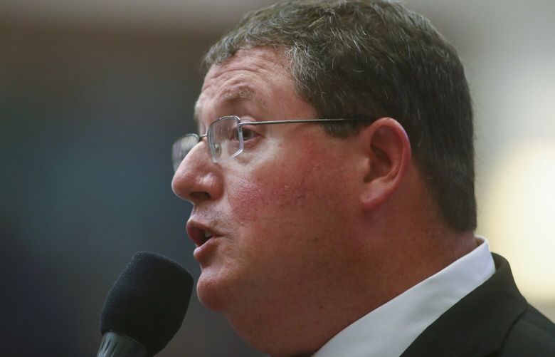 FILE – Rep. Randy Fine, R-Palm Bay, answers a question about his House Bill 3-C: Independent Special Districts in the House of Representatives April 20, 2022, at the Capitol in Tallahassee, Fla. (AP Photo/Phil Sears, File) lfp110 lfp110