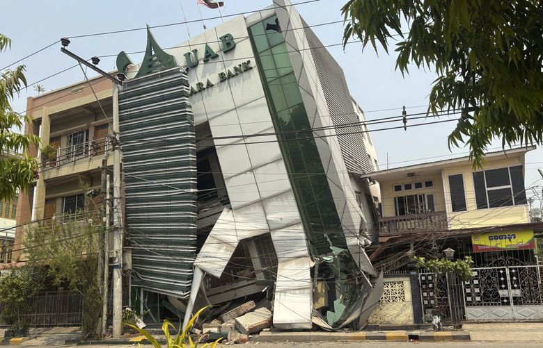 Damaged buildings are seen in the aftermath of Friday’s earthquake in Mandalay, Myanmar, Tuesday, April 1, 2025. (AP Photo) XTZ112 XTZ112