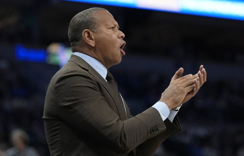 Minnesota Timberwolves minority owner Alex Rodriguez cheers during the first half of an NBA basketball game against the Detroit Pistons, Sunday, March 30, 2025, in Minneapolis. (AP Photo/Abbie Parr) MNAP643 MNAP643