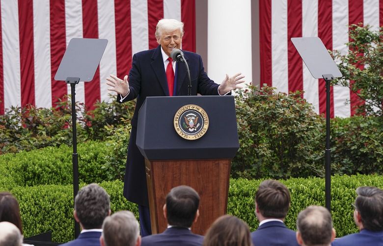 President Donald Trump delivers remarks and signs tariffs in the Rose Garden of the White House, in Washington, on Wednesday, April 2, 2025. President Trump’s announcement of sweeping tariffs on America’s trading partners has widened the rift between the United States and some of its closest allies while reconfiguring the global economic order. (Haiyun Jiang/The New York Times) XNYT0521 XNYT0521