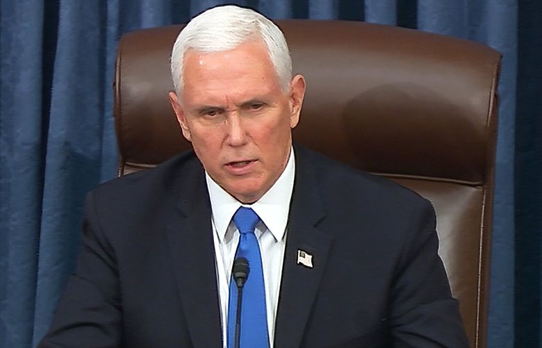 FILE – In this image from video, Vice President Mike Pence speaks as the Senate reconvenes after protesters stormed into the U.S. Capitol Wednesday, Jan. 6, 2021. (Senate Television via AP, File) WX302 WX302