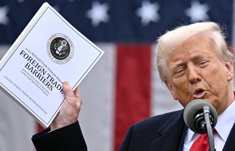 U.S. President Donald Trump delivers remarks on reciprocal tariffs during an event in the Rose Garden entitled “Make America Wealthy Again” at the White House in Washington, D.C., on Wednesday, April 2, 2025. (Brendan Smialowski/AFP/Getty Images/TNS) 139009281W 139009281W