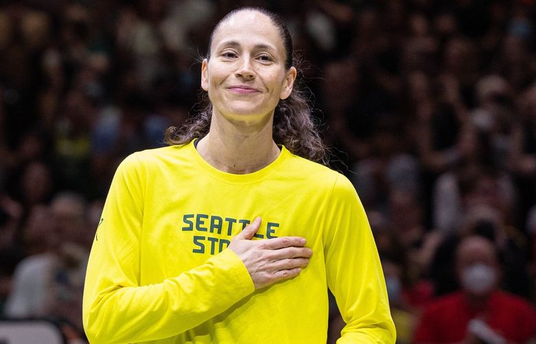Sue Bird becomes emotional with the ovation the Climate Pledge Arena crowd gives her at a ceremony marking here pending retirement before Sunday’s game.

The Las Vegas Aces played the Seattle Storm in WNBA Basketball Sunday, August 7, 2022 at Climate Pledge Arena, in Seattle, WA. 221190