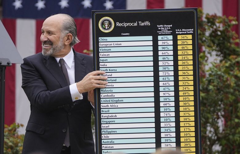 Commerce Secretary Howard Lutnick holds a chart as President Donald Trump speaks during an event to announce new tariffs in the Rose Garden at the White House, Wednesday, April 2, 2025, in Washington. (AP Photo/Mark Schiefelbein) DCJE359 DCJE359