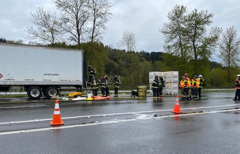 A hazmat spill late Monday morning has closed southbound Highway 167 at 15th Street Northwest in Auburn Monday, April 7, 2025.
A cargo truck with multiple drums of an unspecified substance was leaking, King County fire agencies said on X around 11:50 a.m.