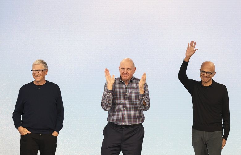From left, Microsoft co-founder and former CEO Bill Gates, former CEO Steve Ballmer and current Chairman and CEO Satya Nadella are pictured during a 50th Anniversary event at Microsoft headquarters, Friday, April 4, 2025, in Redmond, Wash. (AP Photo/Jason Redmond) WAJR122 WAJR122