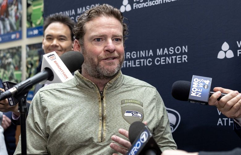 Seahawks general manager John Schneider speaks to reporters on Thursday, March 13, 2025, in Renton.