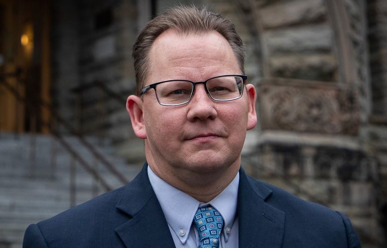 Washington Superintendent of Public Instruction Chris Reykdal poses for a portrait outside the Office of Superintendent of Public Instruction in Olympia on Friday, Jan. 6, 2023.