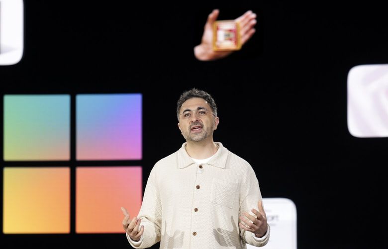 Microsoft AI CEO Mustafa Suleyman speaks during a presentation of the company’s AI assistant, Copilot, ahead of a 50th Anniversary presentation at Microsoft headquarters, Friday, April 4, 2025, in Redmond, Wash. (AP Photo/Jason Redmond) WAJR131 WAJR131