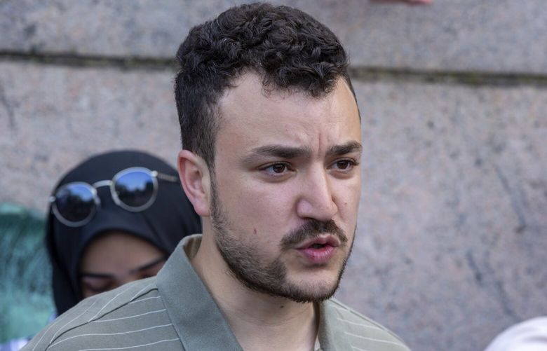 FILE – Student negotiator Mahmoud Khalil is seen at a pro-Palestinian protest encampment on the Columbia University campus in New York, April 29, 2024. (AP Photo/Ted Shaffrey, File) NYRL407 NYRL407