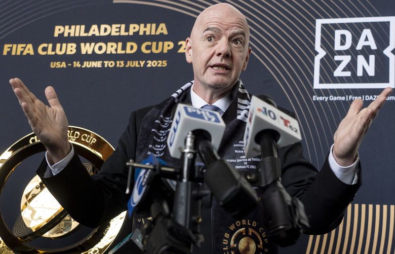 FIFA President Gianni Infantino speaks to the media at a welcoming event for the 2025 FIFA Club World Cup soccer tournament, Thursday, April 10, 2025, in Philadelphia. (AP Photo/Chris Szagola) PACS102 PACS102