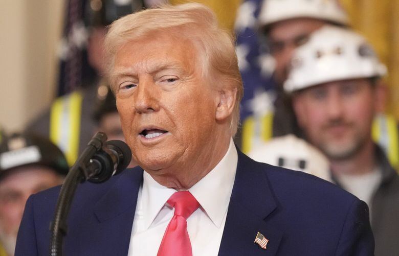 EDS. RETRANSMISSION TO CORRECT TITLE IN METADATA TO STAFF ***  President Donald Trump speaks during the Unleashing American Energy executive order signing event in the East Room at the White House in Washington, on Tuesday, April 8, 2025. (Eric Lee/The New York Times) XNYT0388 XNYT0388