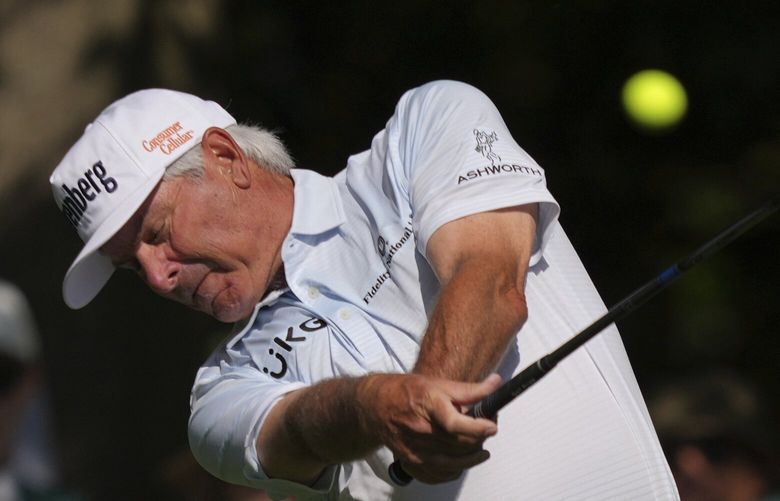 Fred Couples hits his tee shot on the seventh hole during the first round at the Masters golf tournament, Thursday, April 10, 2025, in Augusta, Ga. (AP Photo/Matt Slocum) AUG200 AUG200