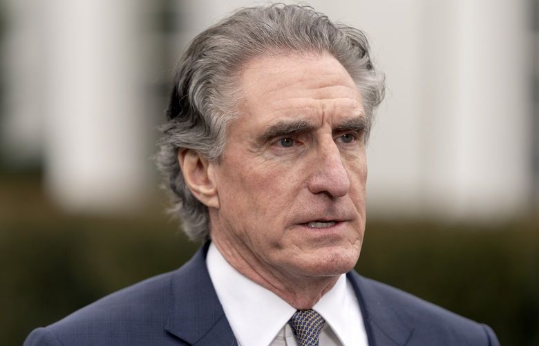 Interior Secretary Doug Burgum speaks with a reporter outside the West Wing of the White House, Thursday, April 10, 2025, in Washington. (AP Photo/Mark Schiefelbein) DCMS113 DCMS113