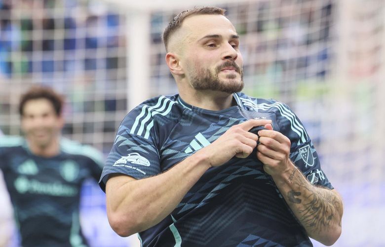 Seattle Sounders forward Jordan Morris (13) celebrates after scoring a goal during the second half of a match against Los Angeles FC at Lumen Field in Seattle on Saturday, March 8, 2025. 

 229492