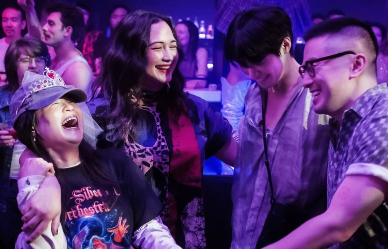 From left, Kelly Marie Tran, Lily Gladstone, Han Gi-Chan and Bowen Yang in a scene from “The Wedding Banquet.” (Luka Cyprian / Courtesy Sundance Institute / TNS)