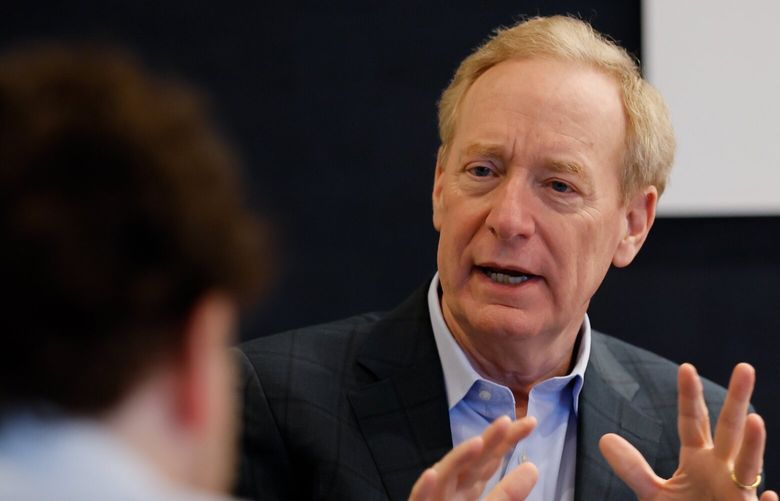 Brad Smith, president of Microsoft, speaks on the Microsoft campus Monday, March 17, 2025 in Redmonds, WA. 229574