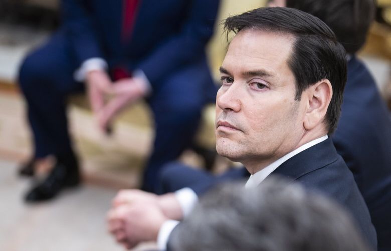 Secretary of State Marco Rubio attends an Oval Office meeting with President Donald Trump and Israeli Prime Minister Benjamin Netanyahu on April 7. MUST CREDIT: Jabin Botsford/The Washington Post