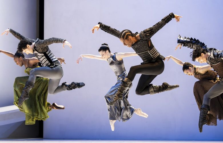Pacific Northwest Ballet principal dancer Jonathan Batista, center, rehearses Jean-Christophe Maillot’s Roméo et Juliette with company dancers onstage at Seattle Center’s McCaw Hall.