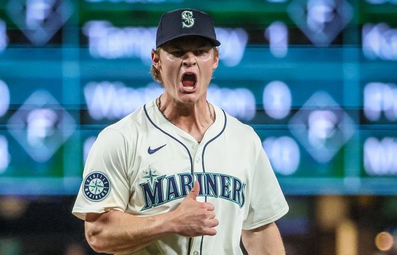 Seattle Mariners pitcher Troy Taylor celebrates a no-hitter 7th inning against the Yankees Wednesday evening at T-Mobile Park in Seattle, Washington, on September 18, 2024. 228017