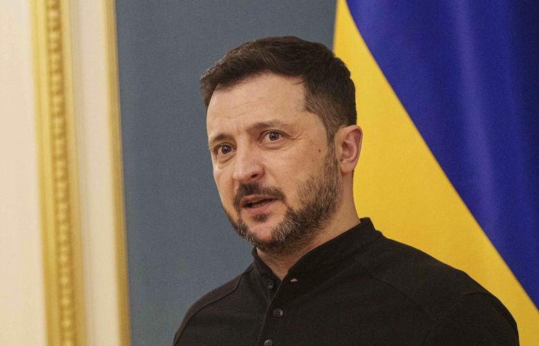 Ukrainian President Volodymyr Zelenskyy speaks during a press conference in Kyiv, Ukraine, Friday, April 4, 2025. (AP Photo/Evgeniy Maloletka) MAL102 MAL102