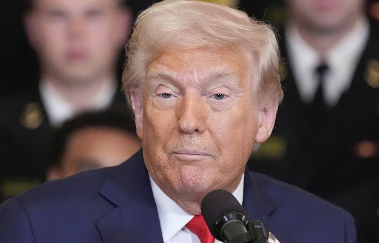 President Donald Trump speaks during the Commander-in-Chief trophy presentation to the Navy Midshipman football team in the East Room of the White House, Tuesday, April 15, 2025, in Washington. (AP Photo/Alex Brandon) DCJE333 DCJE333