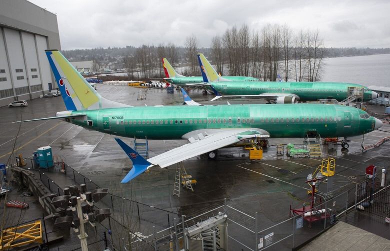 A 737 MAX 8 plane destined for China Southern Airlines at the Boeing manufacturing facility in Renton in 2019.