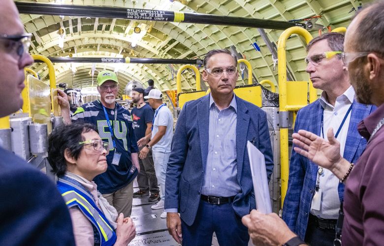 Boeing CEO Kelly Ortberg visits the company’s Everett factory Friday, August 16, 2024.