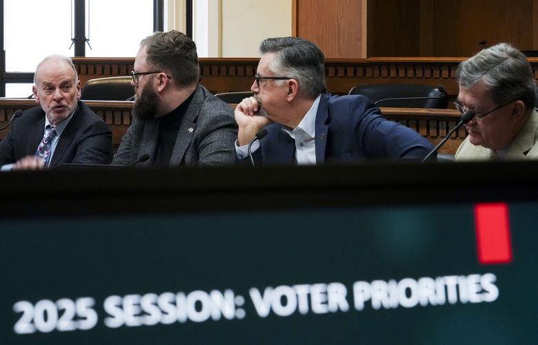 From left, Rep. Jake Fey, D-Tacoma, Sen. Marko Liias, D-Edmonds, Rep. Andrew Barkis, R-Olympia and Sen. Curtis King, R-Yakima speak during a transportation budget panel as part of a legislative session preview at the Capitol Thursday, Jan. 9, 2025, in Olympia, Wash.