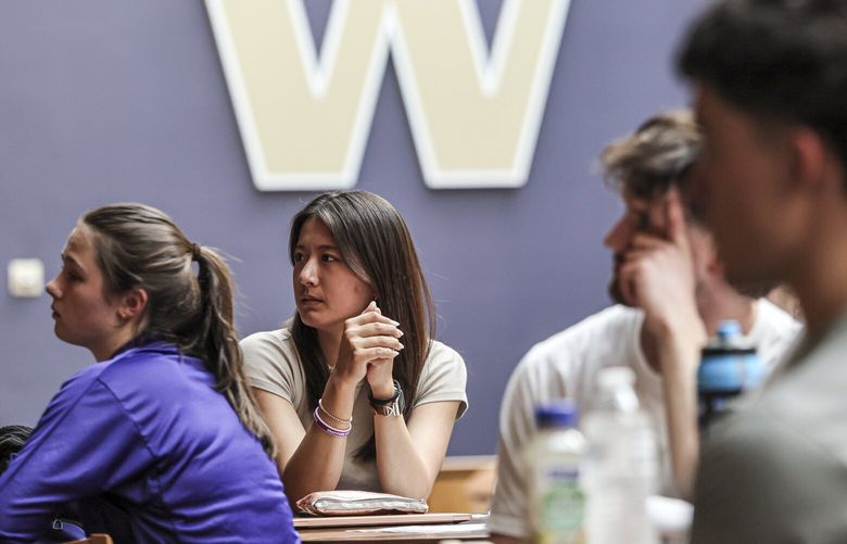 Athletes listens during a suicide prevention training workshop Tuesday afternoon at Alaska Airlines Arena in Seattle, Washington on April 15, 2025. 229734