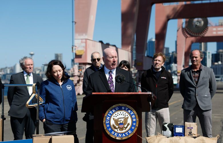 Gordon Bluechel, CEO, Access Laser speaks at a press conference with U.S. Senator Maria Cantwell (D-WA) business owners and stakeholders at the Port of Seattle to address President Trump’s tariff announcements and how Washington state business owners are already feeling the impacts in Seattle on Wednesday, April 16, 2025. Sen. Cantwell recently introduced the bipartisan Trade Review Act of 2025 to reaffirm Congress’ key role in setting and approving U.S. trade policy, and reestablish limits on the president’s ability to impose unilateral tariffs.