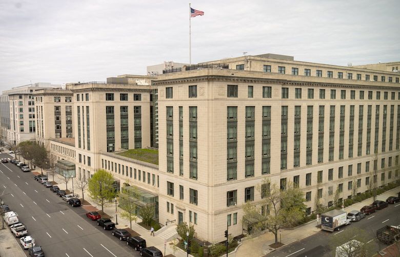 The headquarters of the General Services Administration (GSA) is photographed Wednesday, April 2, 2025, in Washington. (AP Photo/Mark Schiefelbein) WX201 WX201