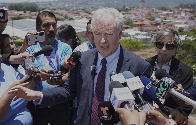 Maryland Sen. Chris Van Hollen speaks to the press in La Libertad, El Salvador, where he arrived regarding Kilmar Abrego Garcia, a Salvadoran citizen who was living in Maryland and deported to El Salvador by the Trump administration, Wednesday, April 16, 2025. (AP Photo/Salvador Melendez) MXEV101 MXEV101