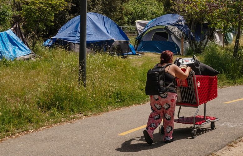 A homeless camp next to the Guadalupe River in San Jose, Calif., April 9, 2025. The city’s Democratic Mayor Matt Mahan recently called for arresting homeless people if they refused shelter three times, a surprisingly punitive suggestion coming from a leader in the liberal Bay Area, but the idea drawn widespread support. (Loren Elliott/The New York Times)